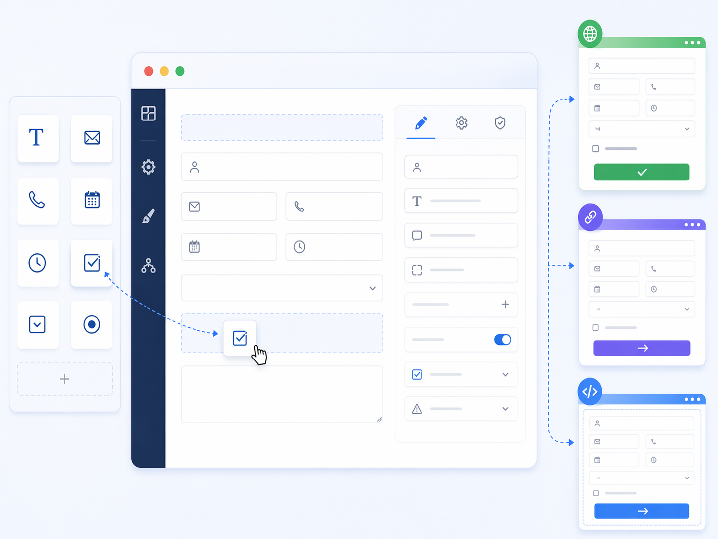 Web Form Builder Component Architecture diagram showing reusable form components with unique IDs, consistent rendering across platforms, and configurable validation rules