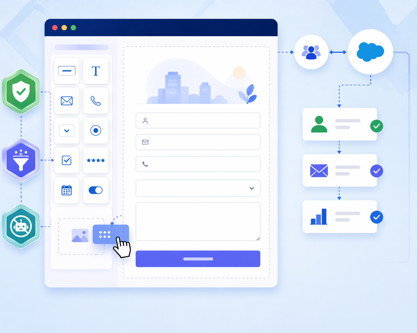Web Form Builder interface showcasing a drag-and-drop form builder with various form components like text fields, dropdowns, and checkboxes